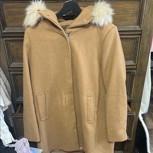 Tan Hooded Coat with Faux Fur Trim